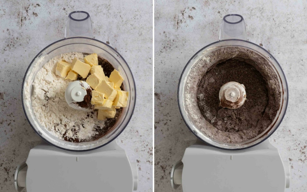 The process of making this French Chocolate Tart recipe, starting with blending the pastry ingredients in a food processor