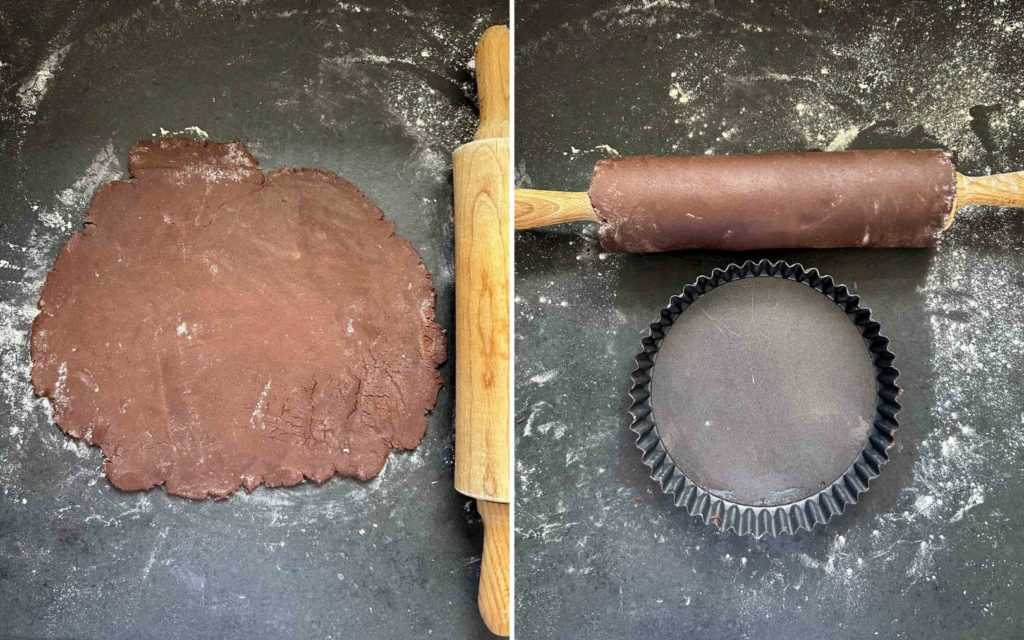 Rolling out chocolate pastry in a slate worktop