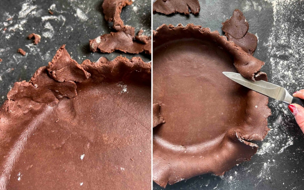 Lining a tart tray with chocolate pastry and trimming off the excess