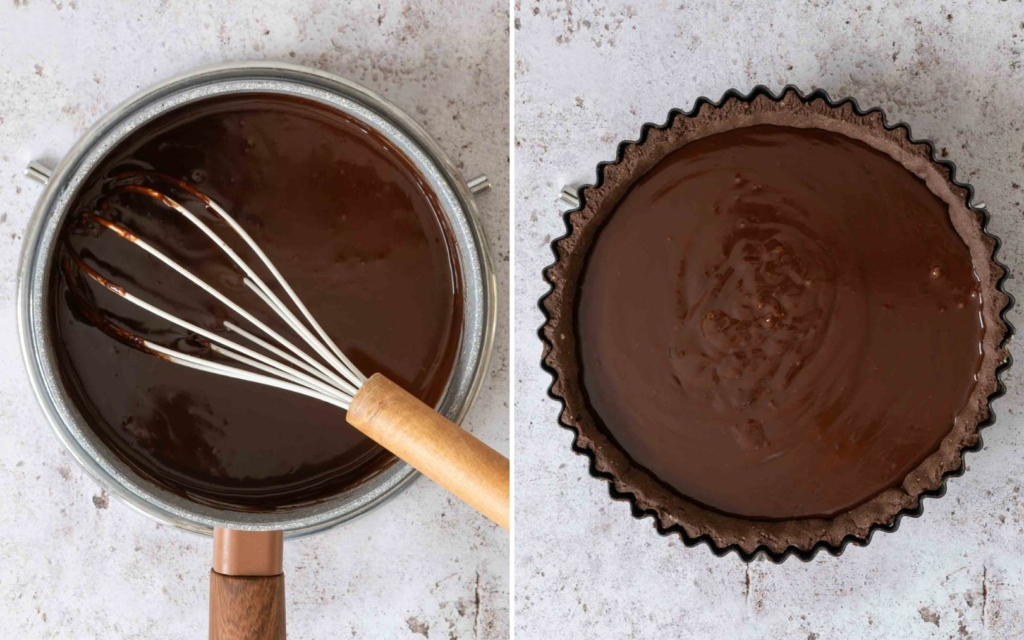 Making chocolate ganache in a saucepan and pouring it into a pre-baked chocolate pastry case