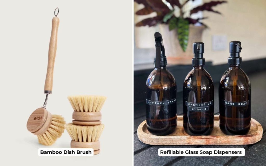 A bamboo dish brush and a three amber glass soap dispensers sat on a wooden tray