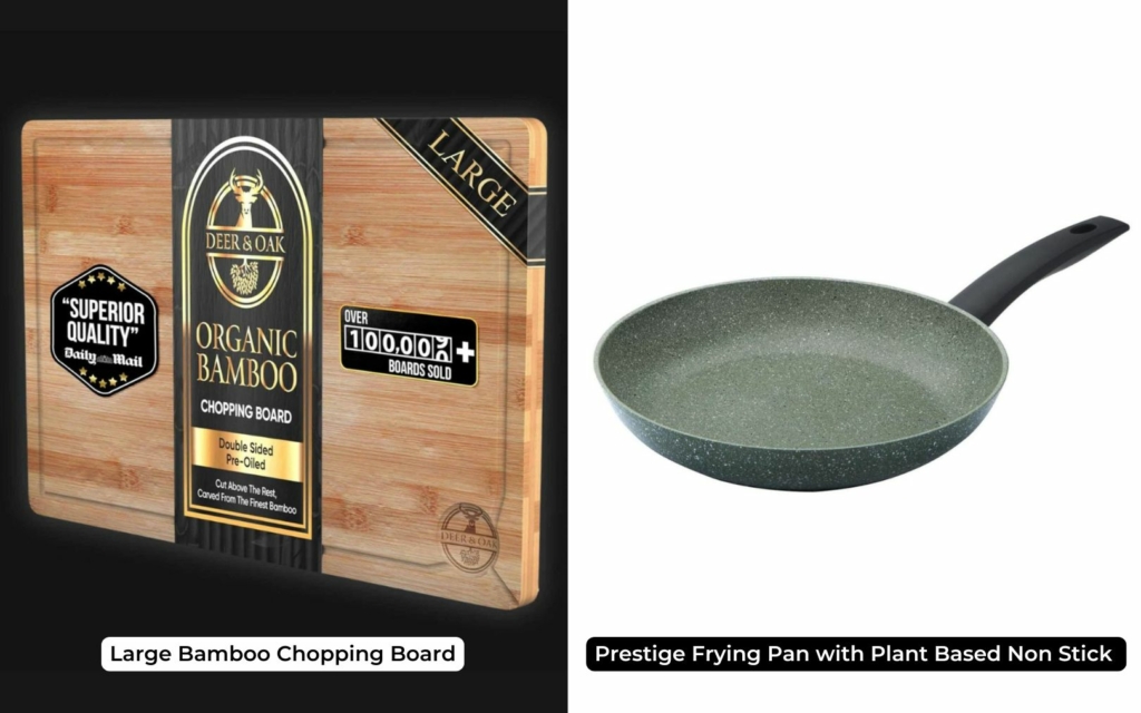 A bamboo chopping board and a green non-stick frying pan