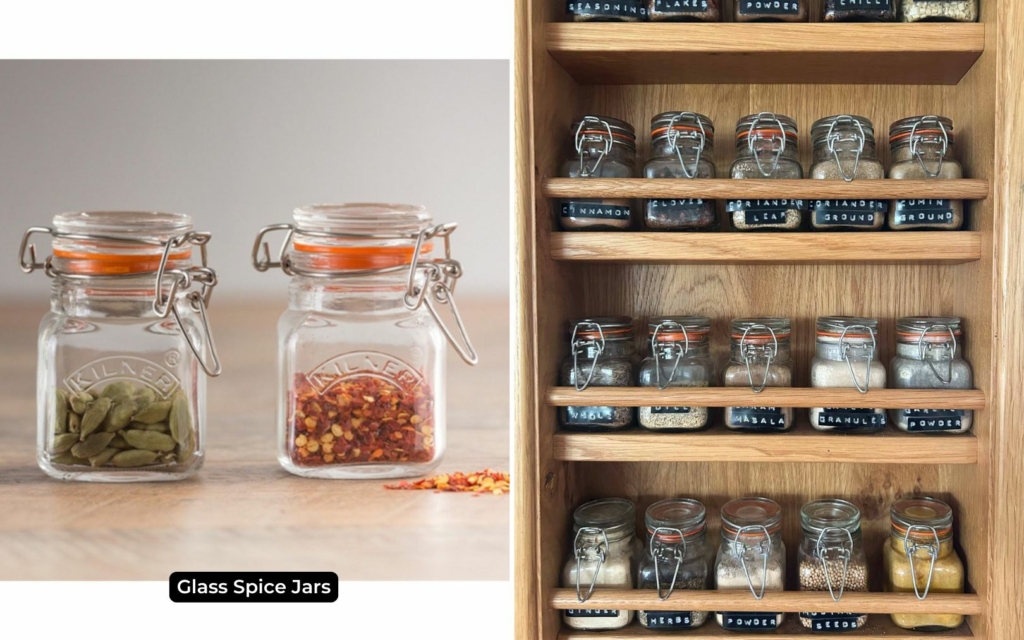 Glass spice jars displayed on a spice rack