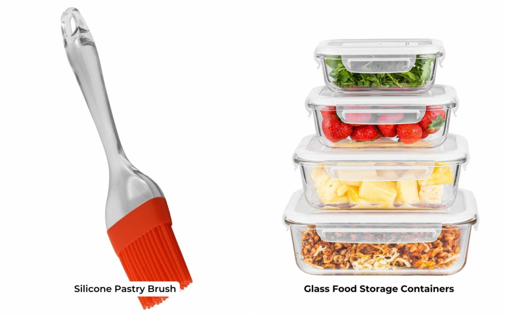 A silicone pastry brush and a stack of four glass food storage containers