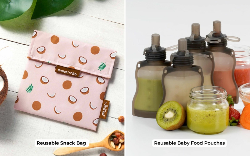 A coconut print reusable snack bag and some silicone reusable baby food pouches