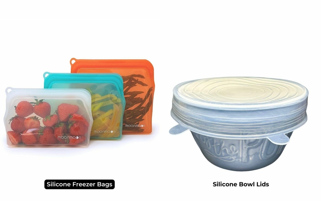 Three silicone freezer bags and a bowl with a silicone bowl cover on top