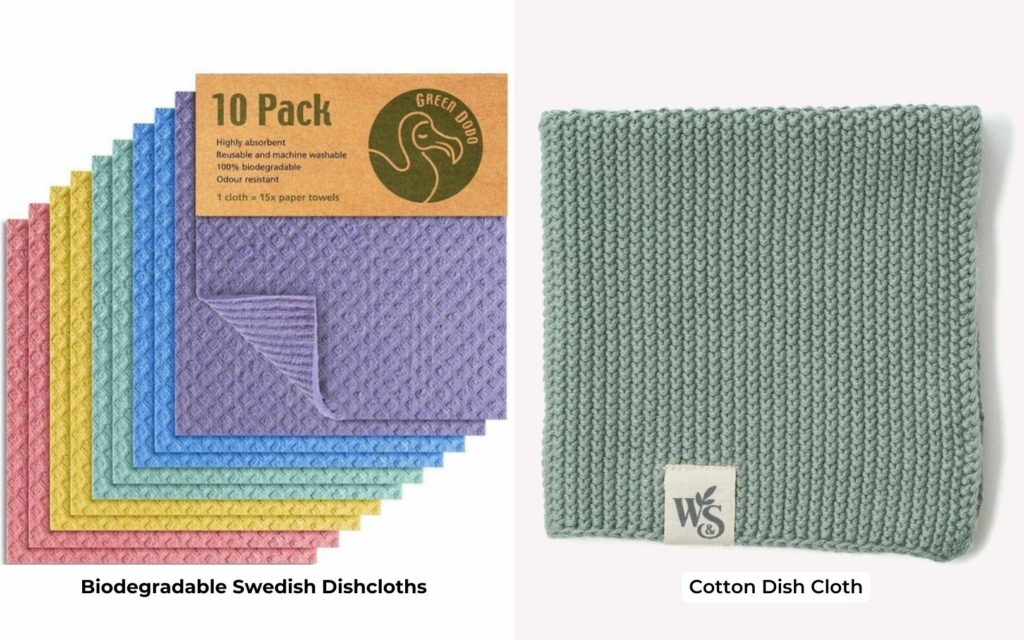 Biodegradable swedish dishcloths and a green cotton dishcloth, displaying two zero waste kitchen products used for cleaning