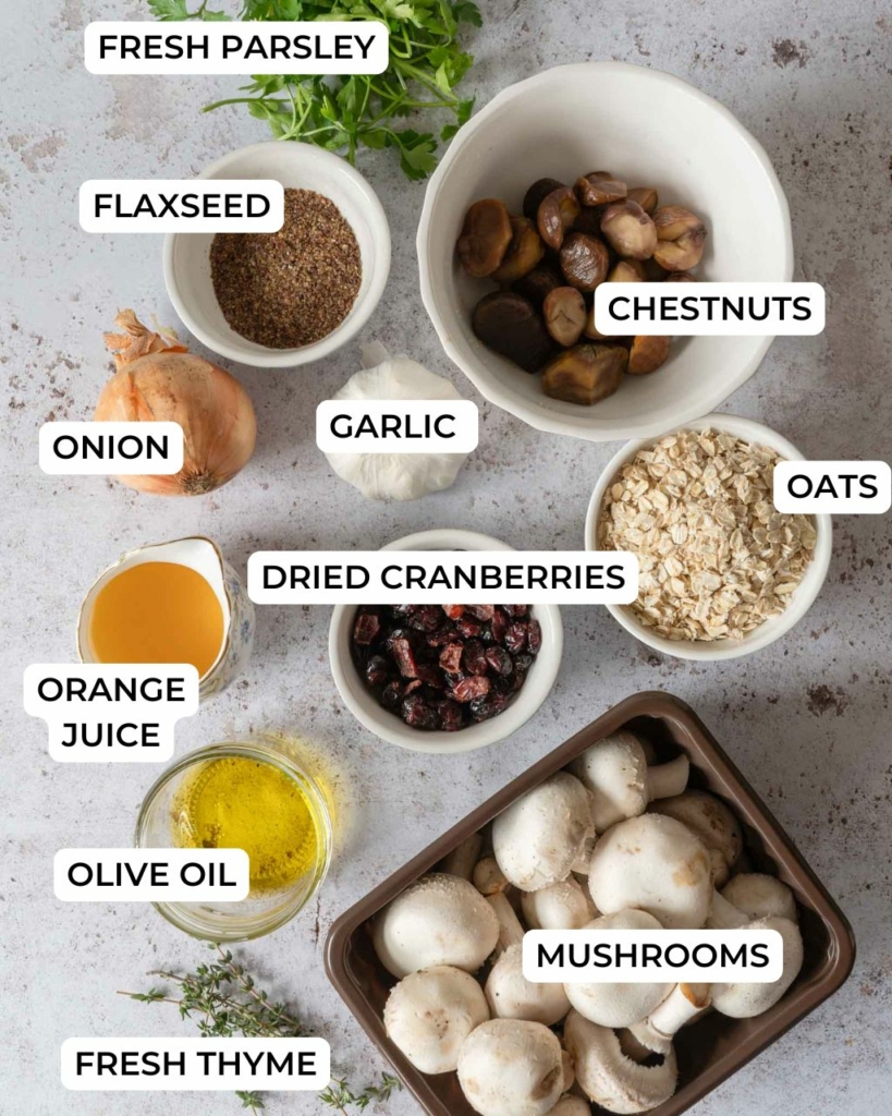 Ingredients for making vegan chestnut stuffing laid out on a table