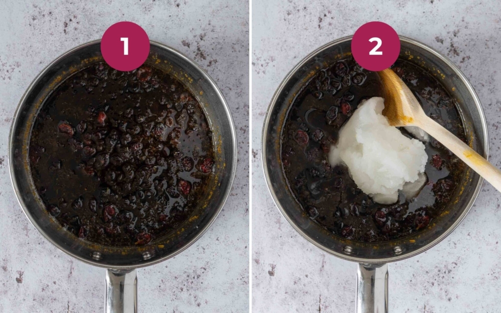 Dried fruit being infused with brandy and orange juice in a saucepan