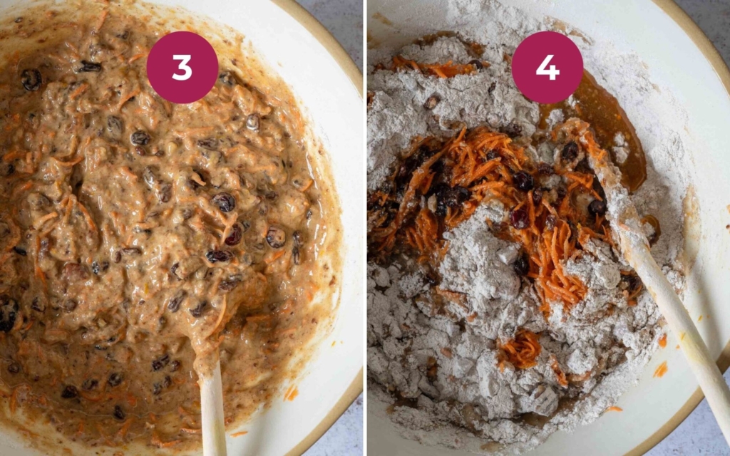 Christmas carrot cake being mixed in a large bowl