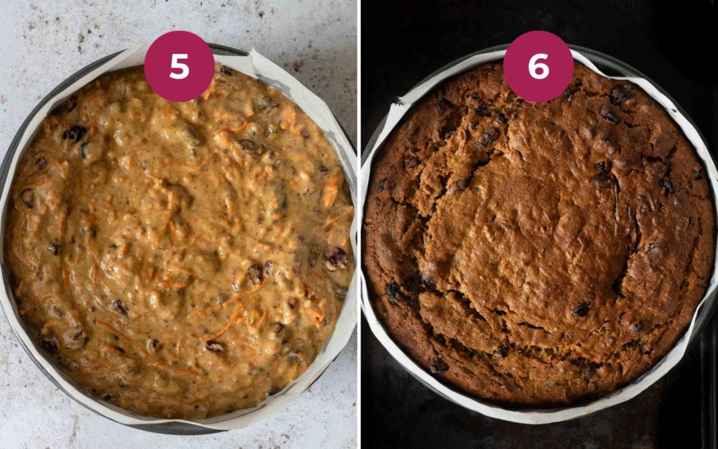 A Christmas carrot cake in a cake tin, before and after baking