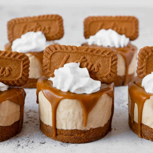 No bake Biscoff mini cheesecakes with whipped cream and a speculoos biscuit on top