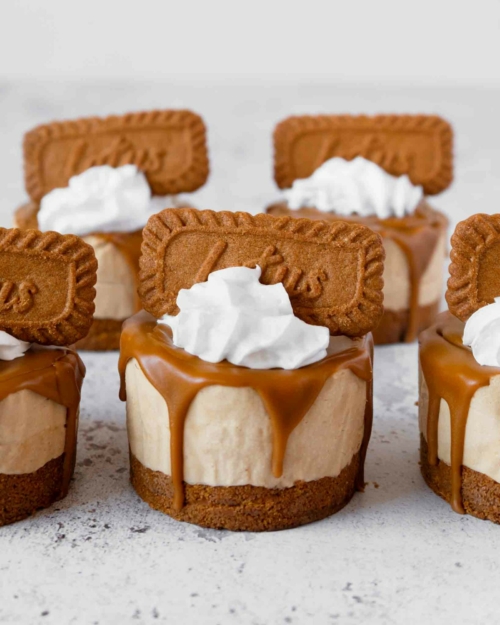 No bake Biscoff mini cheesecakes with whipped cream and a speculoos biscuit on top