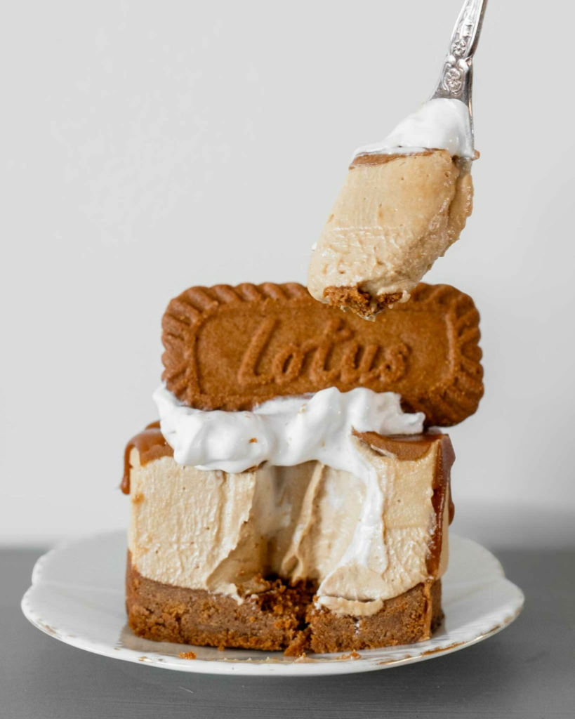 A forkful of no bake Biscoff cheesecake