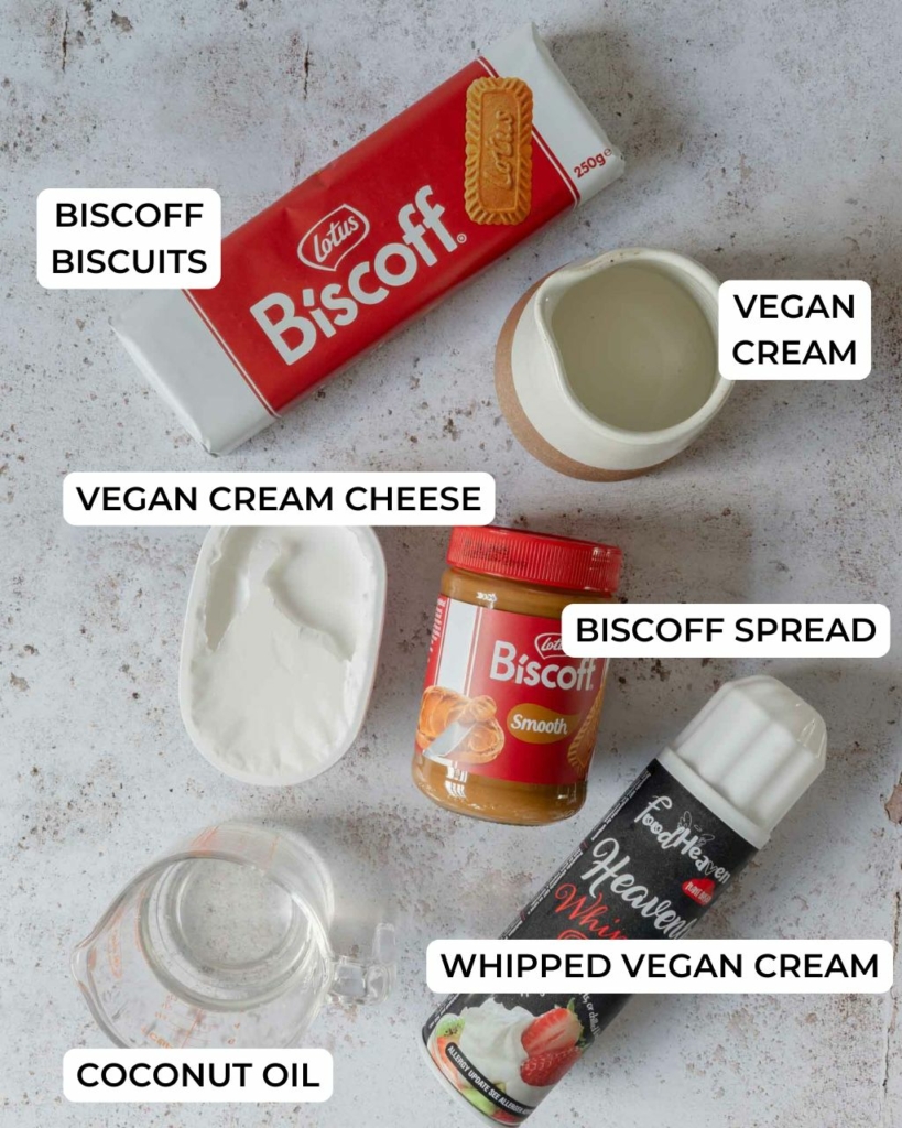 The ingredients needed to make vegan no bake Biscoff cheesecake