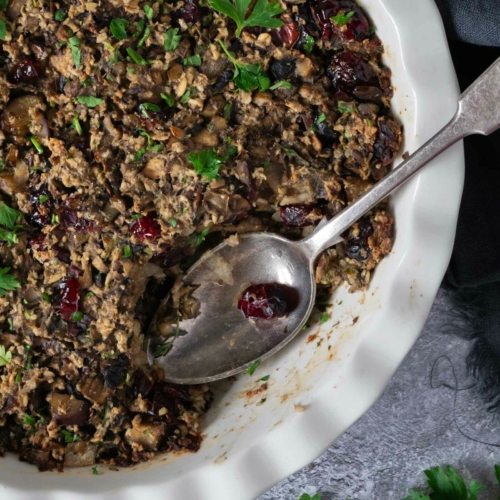 A dish of vegan stuffing