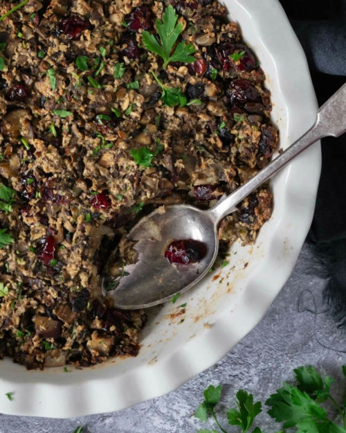 A dish of vegan stuffing