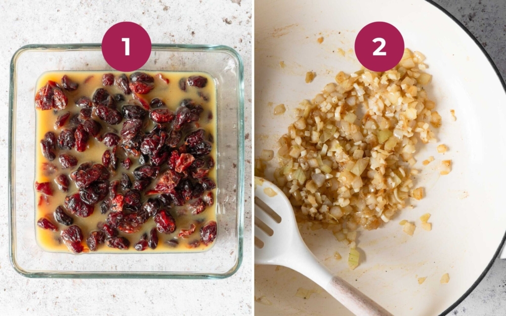 Cranberries soaking in orange juice and white onions being fried.