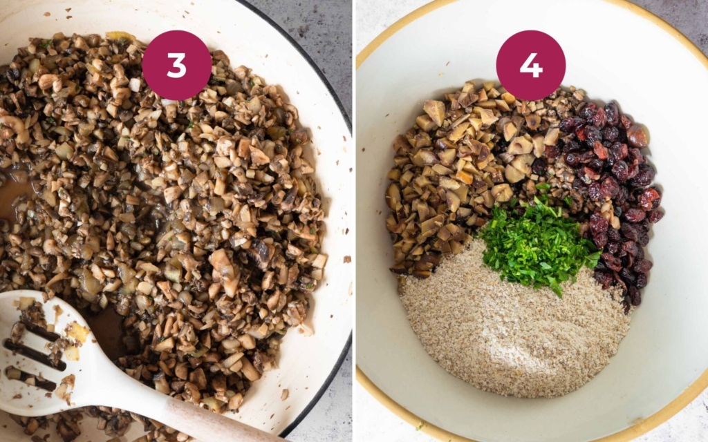 Mushrooms being fried in a large pan, next to a bowl of fresh, wholesome ingredients.