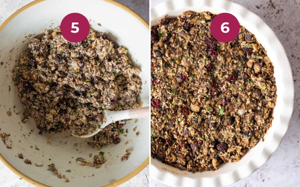 A large mixing bowl filled with vegan chestnut stuffing, next to a baking dish filled with stuffing.