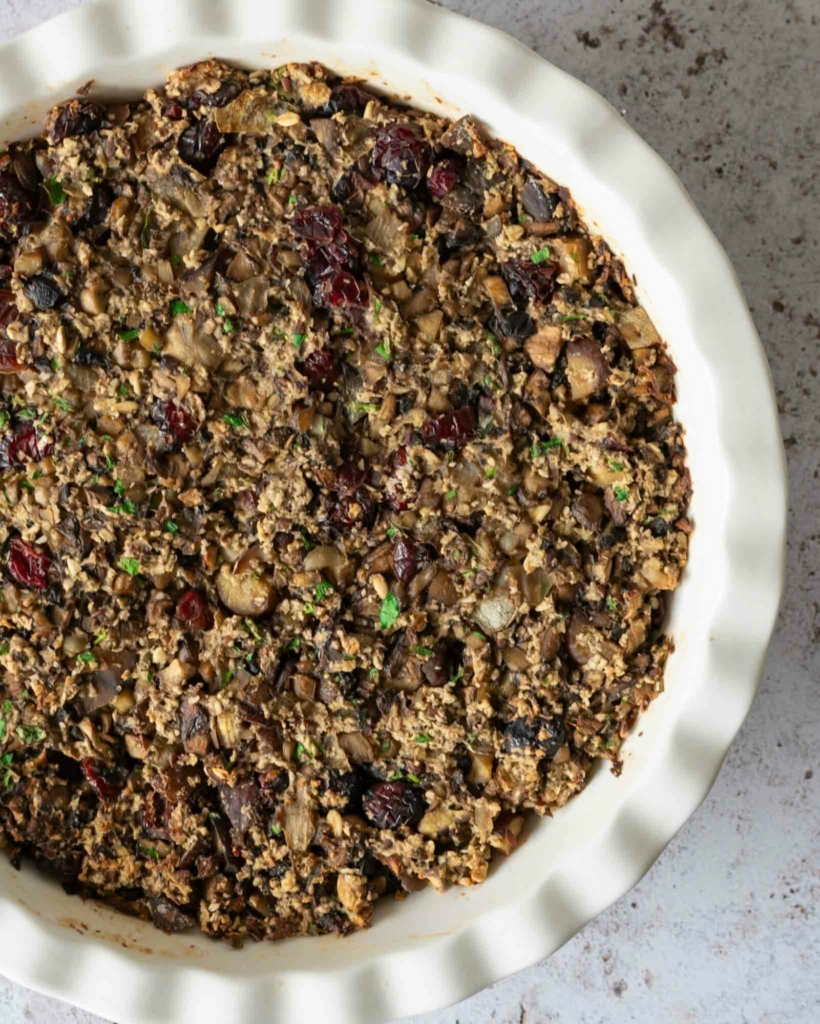 Vegan stuffing in a baking dish