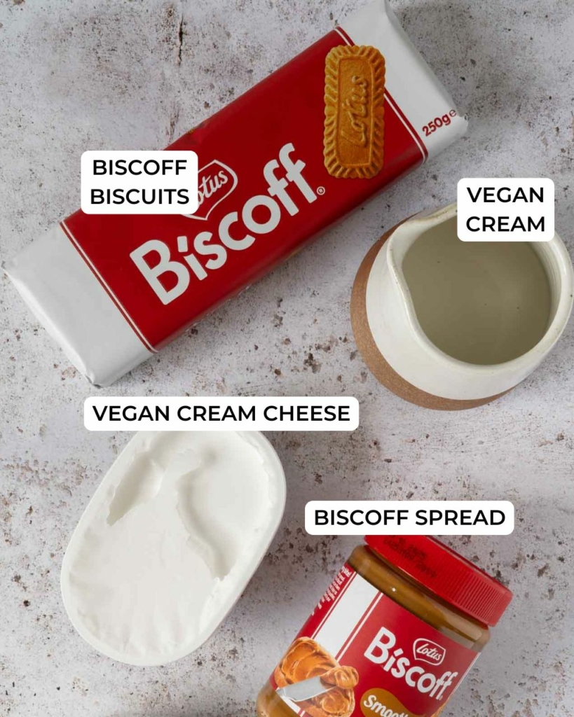 The ingredients needed to make no bake Biscoff cheesecake cups, laid out on a table