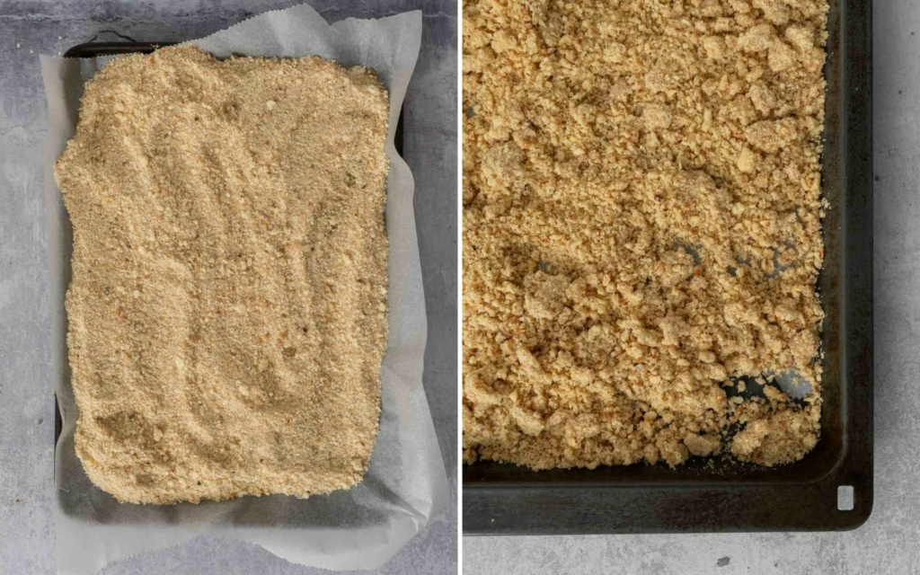 Two images of hazelnut crumble topping on a baking tray
