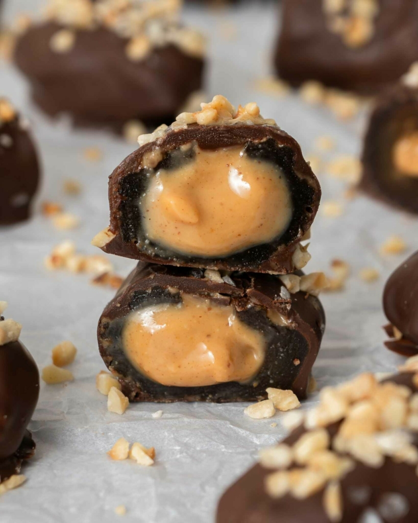 Vegan snickers dates on a tabletop, one cut open to reveal a gooey date and peanut butter inside