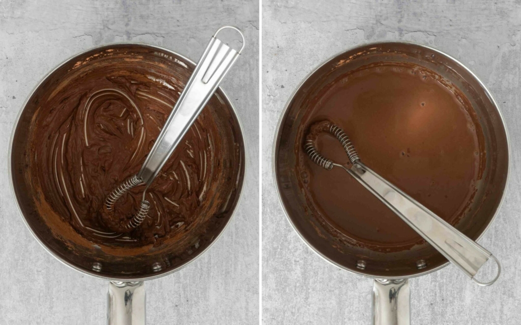 Two images showing how to make hot chocolate with oat milk - the first image showing a paste made from cocoa and a dash of oat milk, the second image showing the saucepan after the remaining oat milk has been added