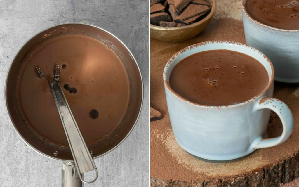 A saucepan and a mug of vegan hot chocolate