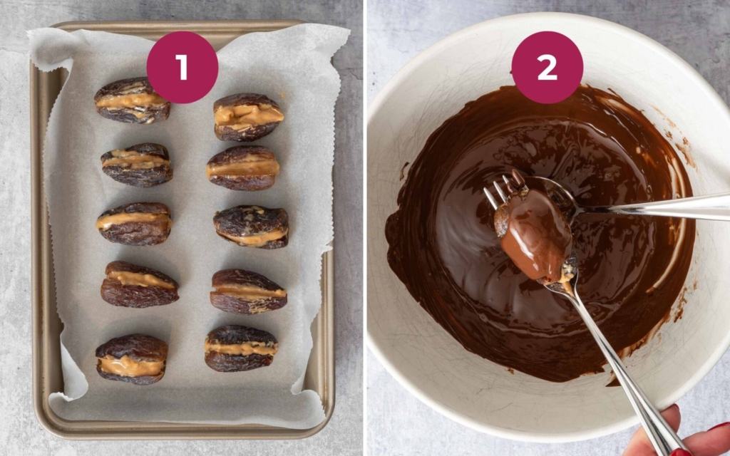 Peanut butter stuffed dates being coated in melted dark chocolate