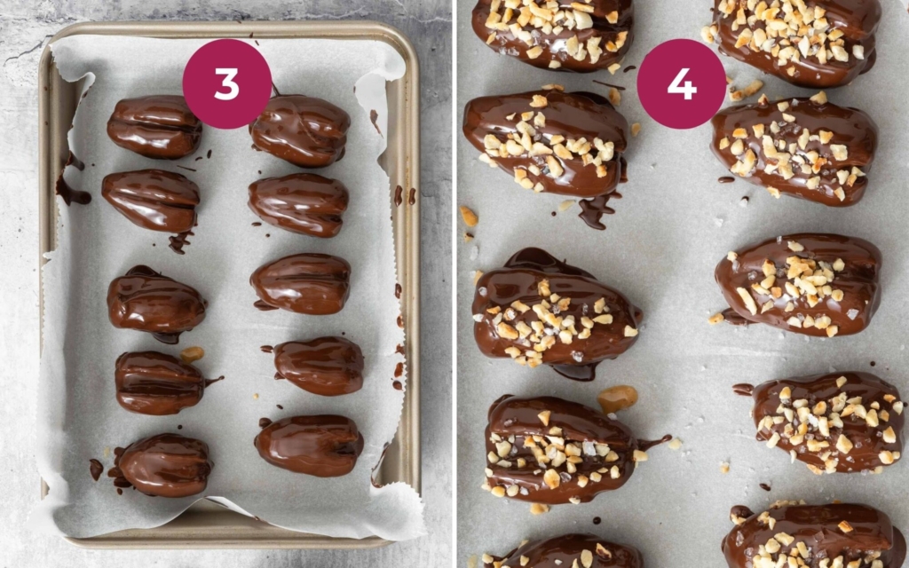 Sprinkling chopped peanuts on top of chocolate coated snickers dates