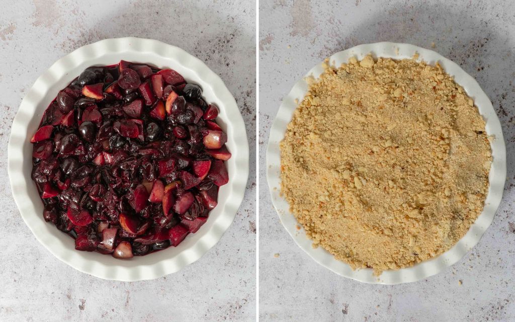 Two images of a crumble side by side; one of just the fruit filling and one after the crumble topping has been added