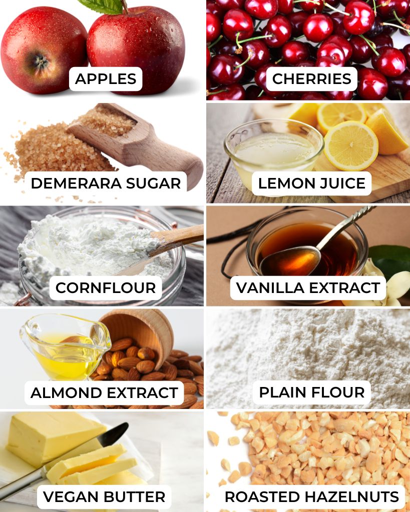 The ingredients needed to make an apple cherry crumble