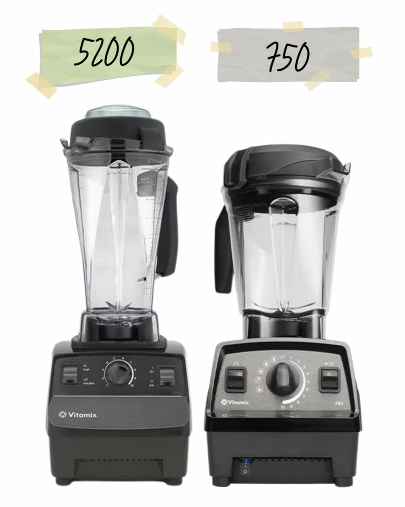The Vitamix 5200 and the Vitamix 750 side by side, front on angle