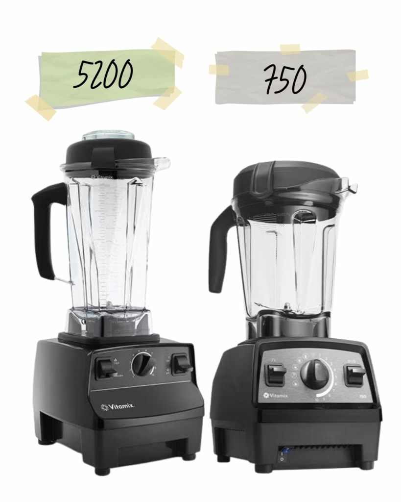 The Vitamix 5200 and the Vitamix 750 side by side, side on angle