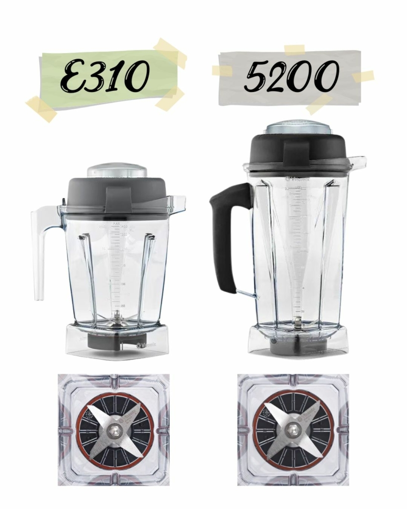 Side by side graphic of the Vitamix e310 vs 5200 containers
