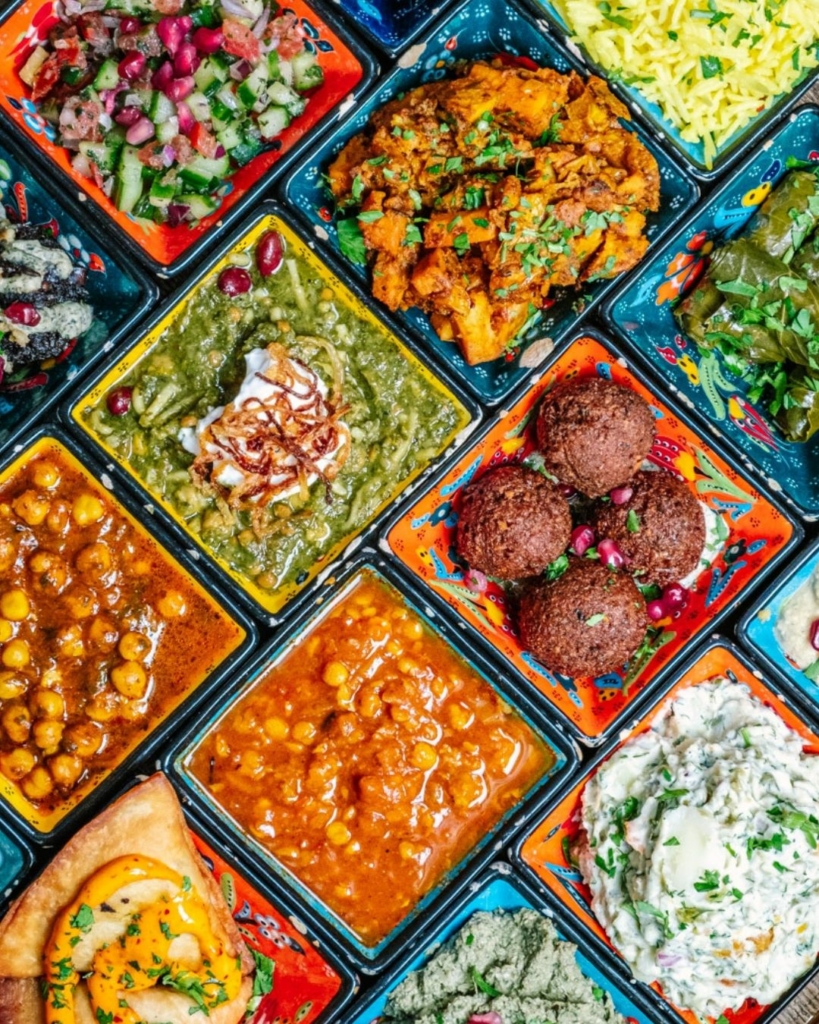 Colourful plates of vegan mezze