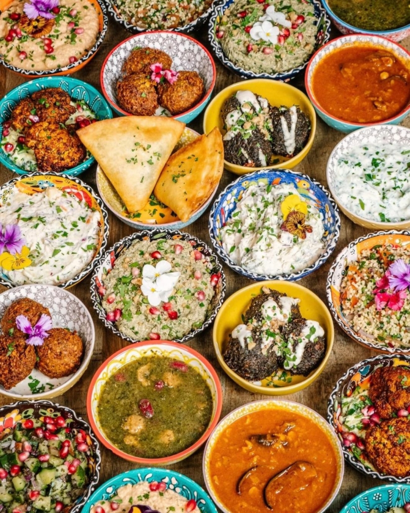 Colourful plates of vegan mezze from one of the best vegan restaurants in Bristol