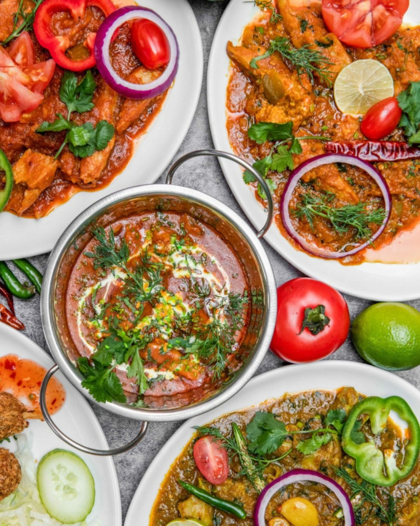 Vegan Indian dishes spread out on a tabletop