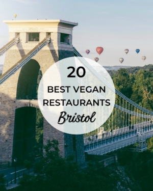 The Clifton Suspension Bridge as a backdrop to a blog cover image for the 20 Best Vegan Restaurants in Bristol and Somerset