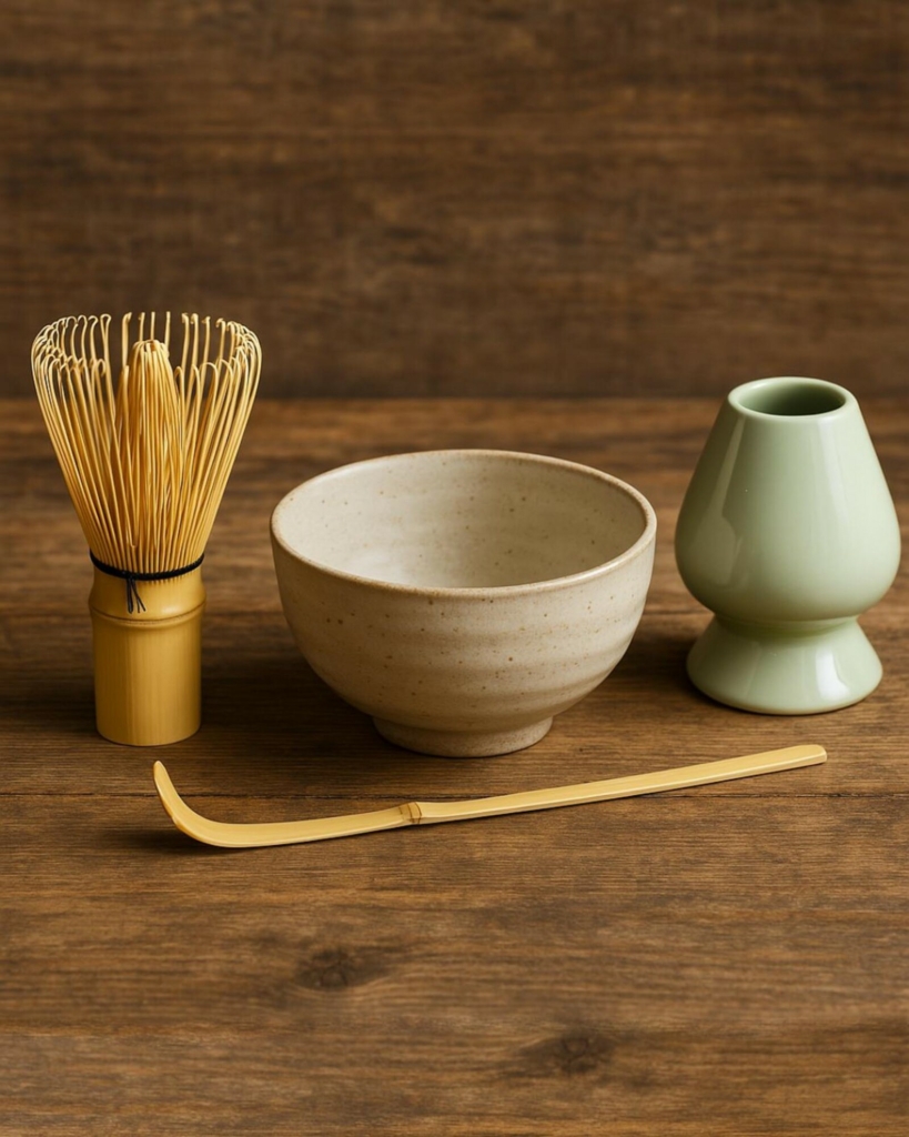 A matcha whisk, bowl, scoop and stand on a wooden table top