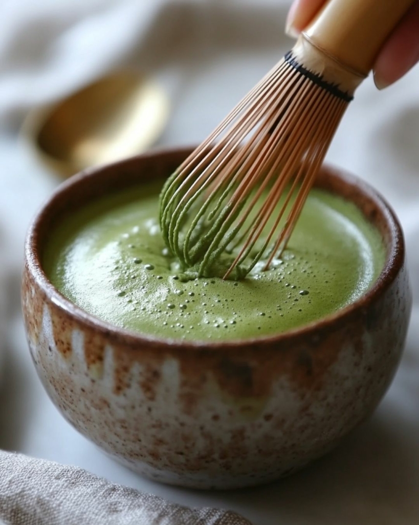 A photo showing how to use a matcha whisk