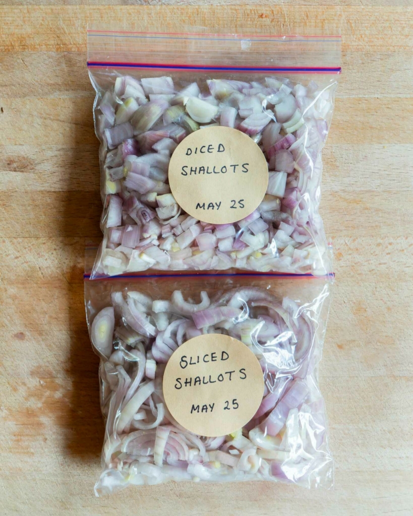 Bags of chopped and sliced shallots, showing you how to freeze shallots