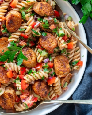 A colourful bowl of Summer Sausage Pasta Salad