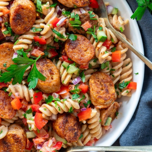 A colourful bowl of Summer Sausage Pasta Salad