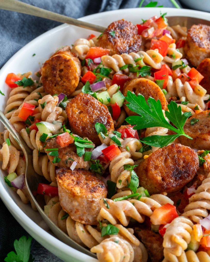 A close up image of a colourful bowl of Summer Sausage Pasta Salad with crispy paprika fried sausage slices