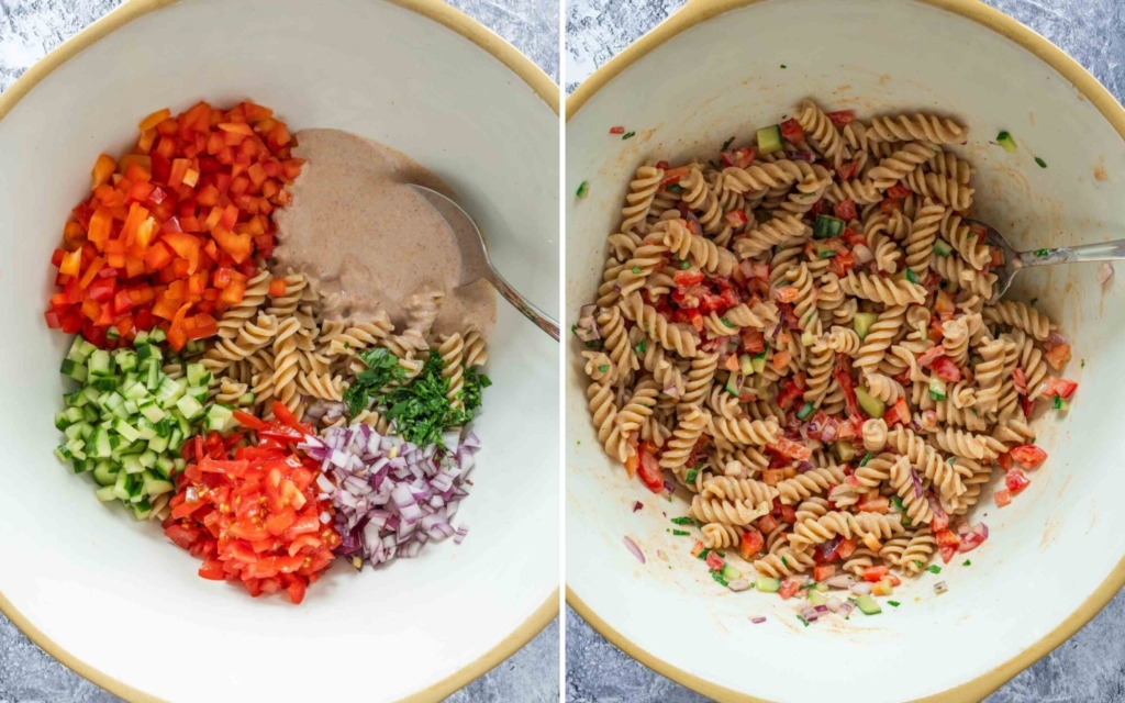 Process images showing diced vegetables being mixed with cooked pasta and a vegan mayo dressing