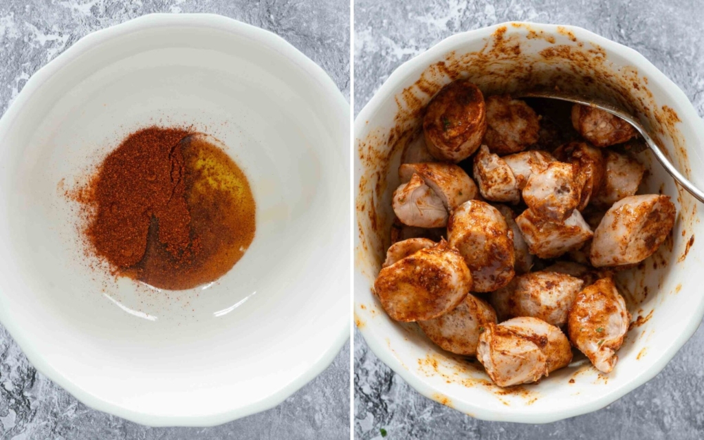 Vegan sausage slices being mixed with olive oil and smoked paprika
