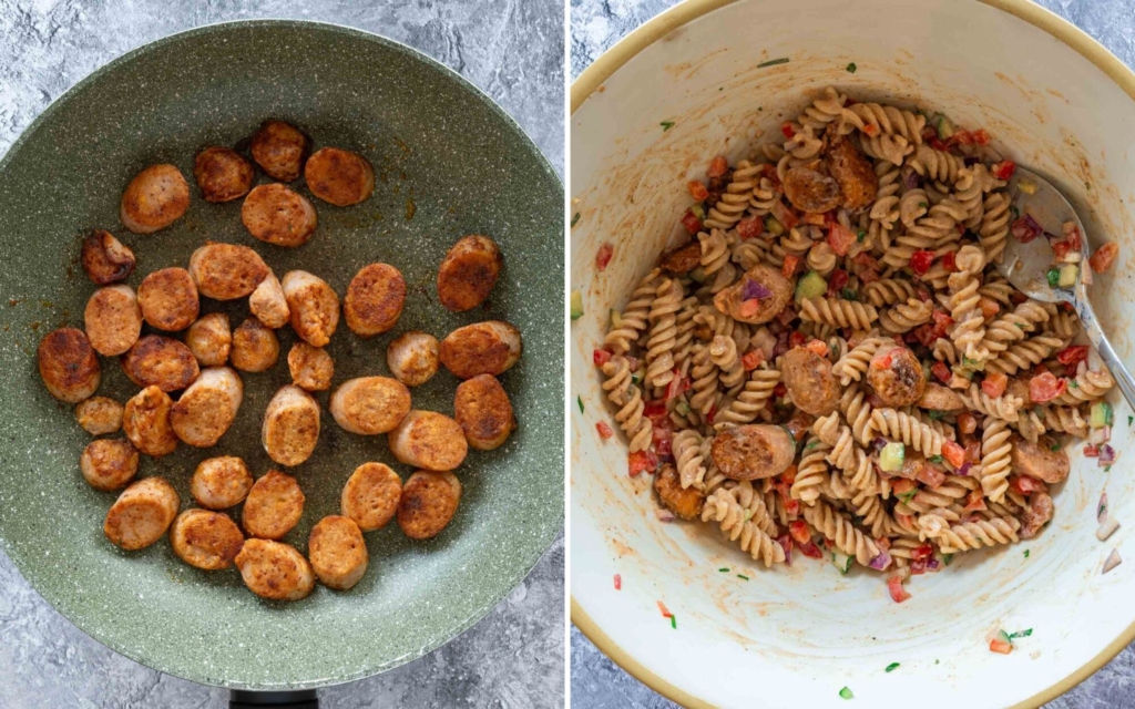 Vegan sausage slices being fried until golden and crispy and then mixed with pasta salad
